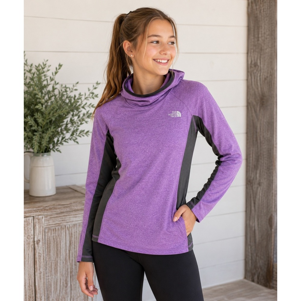 The‎ North Face Girls Purple Heather Mesh Panel Active Hoodie Thumbholes L 14/16